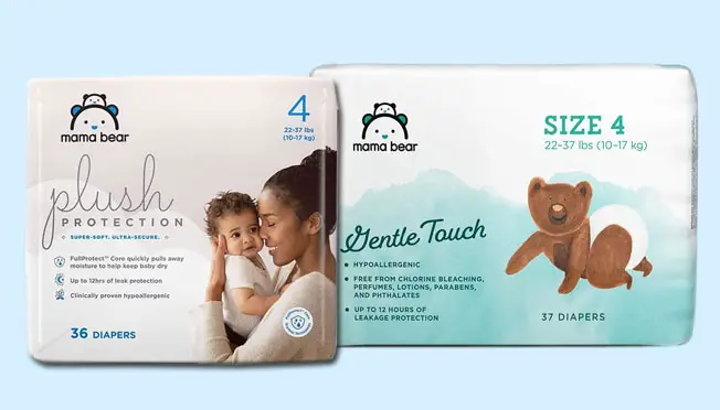 Brand Ultra-soft Mama Bear Plush Protection Newborn Diapers Hypoallergenic 32 Count For Babies Weighing Up to 10 Pounds Assorted Print Dermatologist Tested 