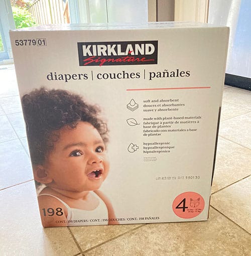 a box of Kirkland diapers