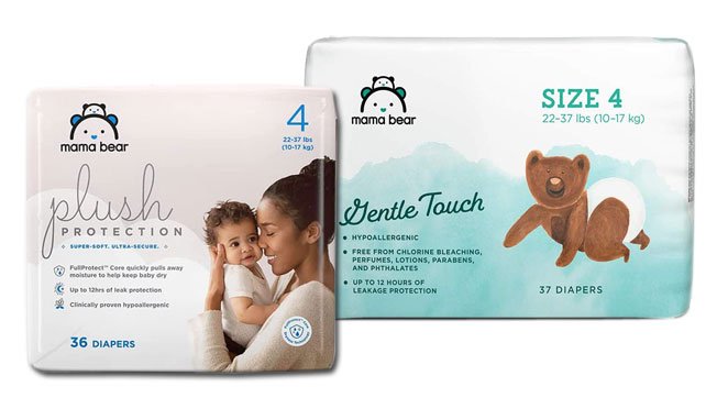 A pack pf Plush Protection and a pack of Gently Touch diapers by Mama Bear